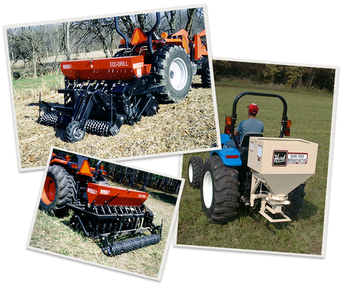 three separate images of Kasco seeders being used