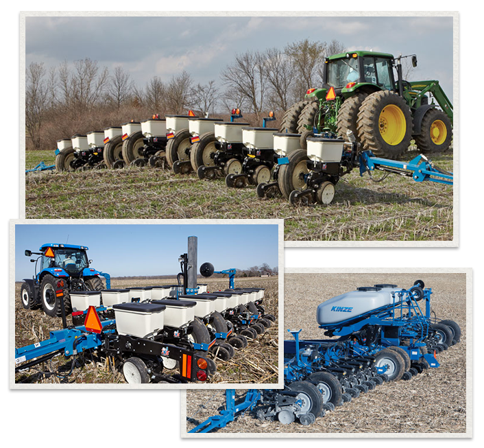 three separate images of Kinze planters being used