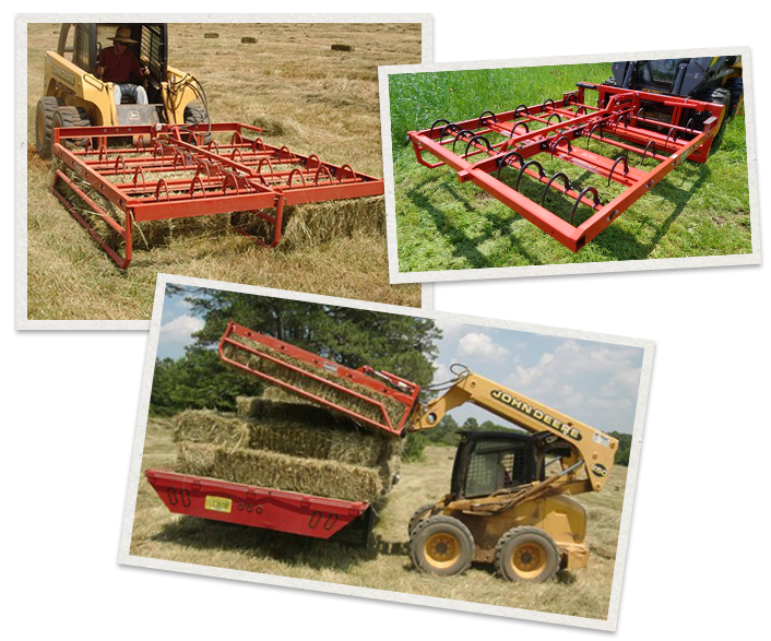 three separate images of the Maxilator Accumagrapple lifting hay