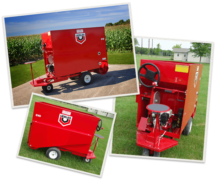 three separate images of Uebler in-barn feeding cart being used